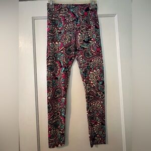 Lularoe One Size Colorful Paisley Print Leggings with Pink, Navy, Blue, Beige.